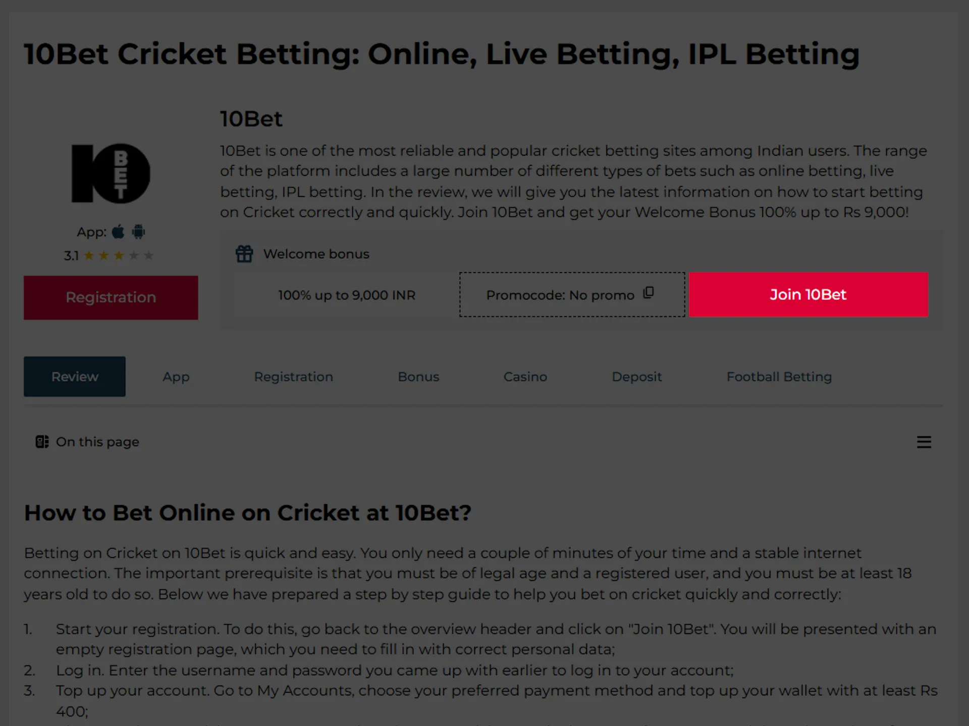 Create an account on the 10Bet website.