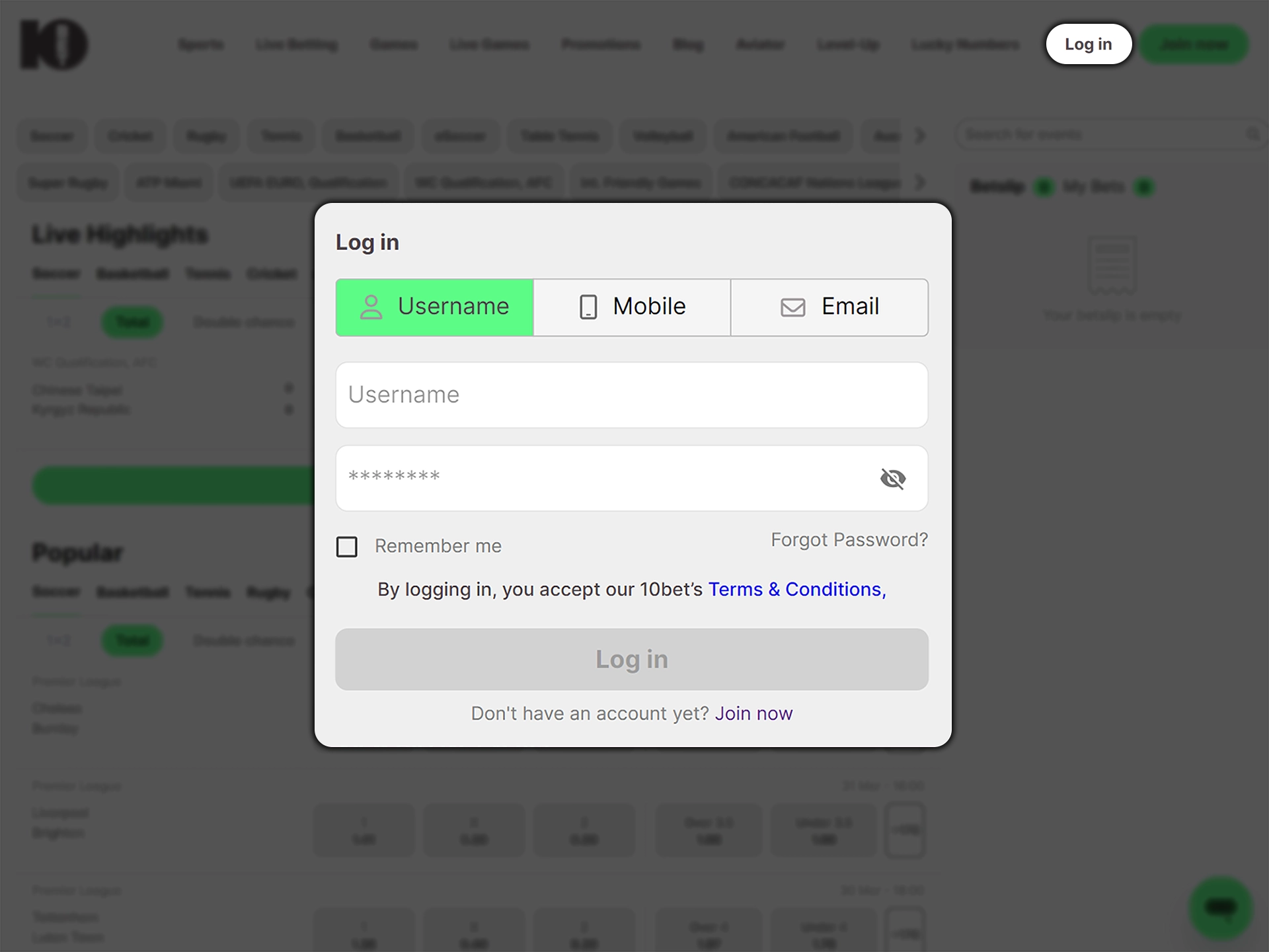 Log in to your 10bet account using the username and password you came up with earlier.