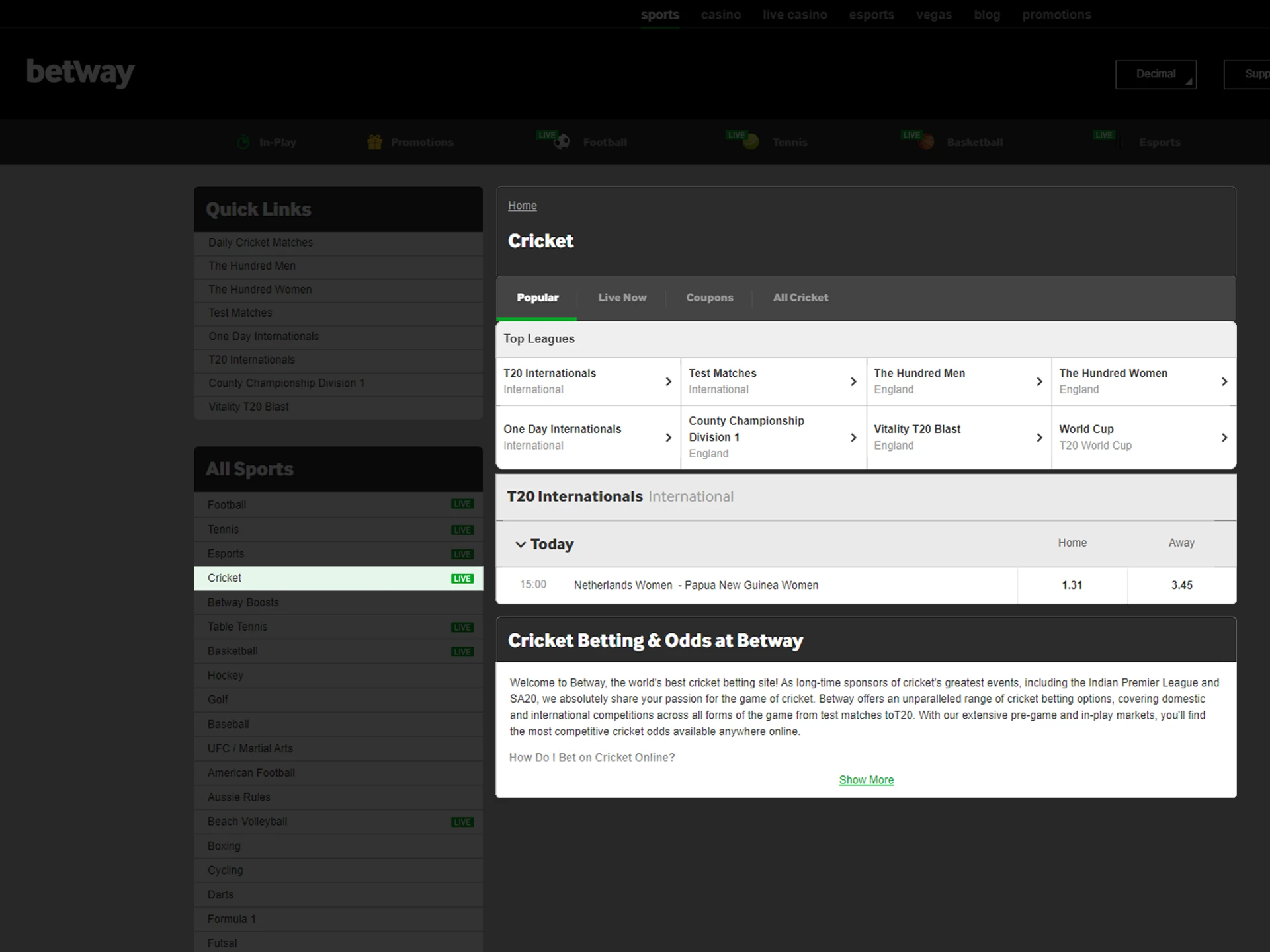 Go to the cricket section on the Betway website.