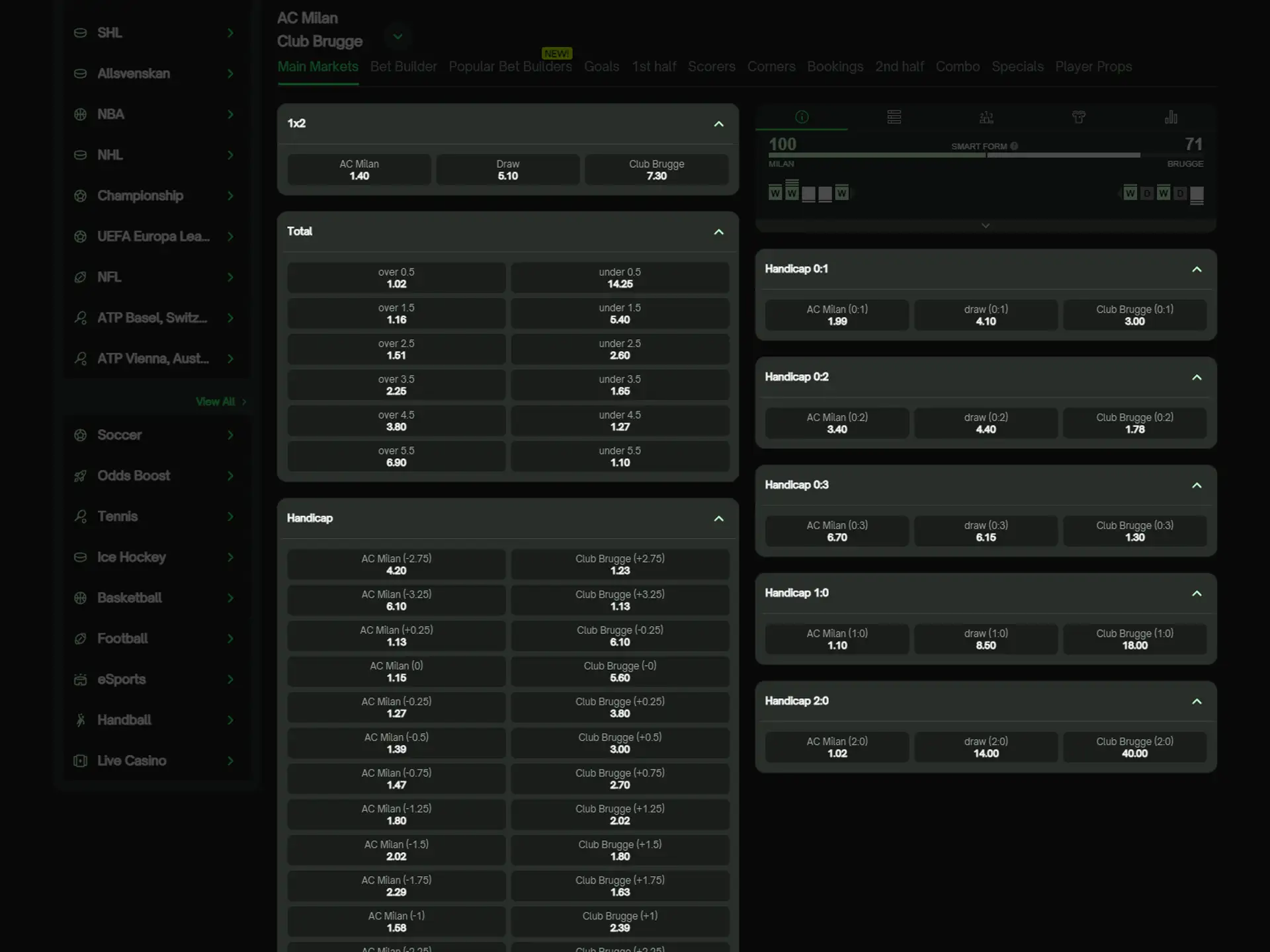 Select a betting market on the ComeOn website.