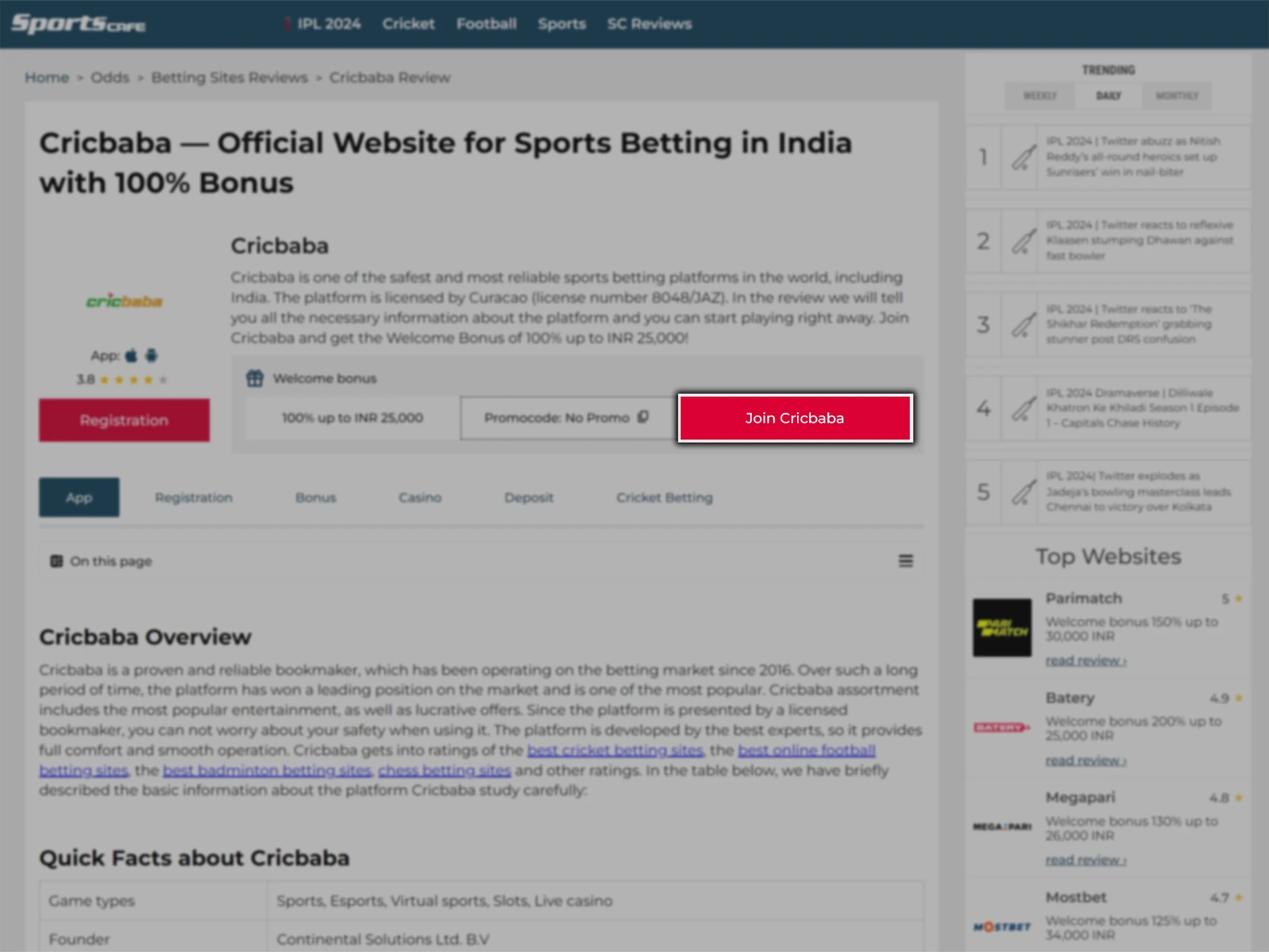 Use the link in the article header to go to the Cricbaba website.