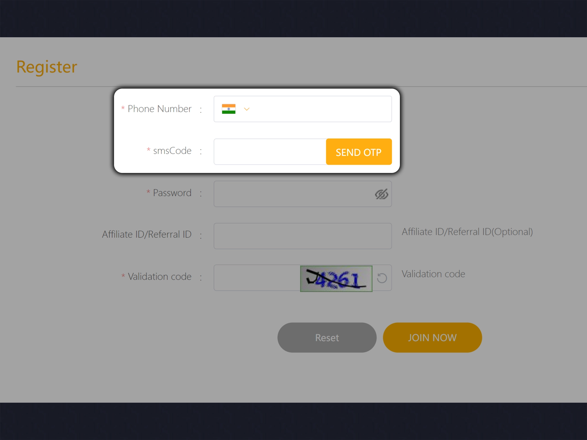 Enter your phone number and confirmation code in the fields of the EKbet registration form.