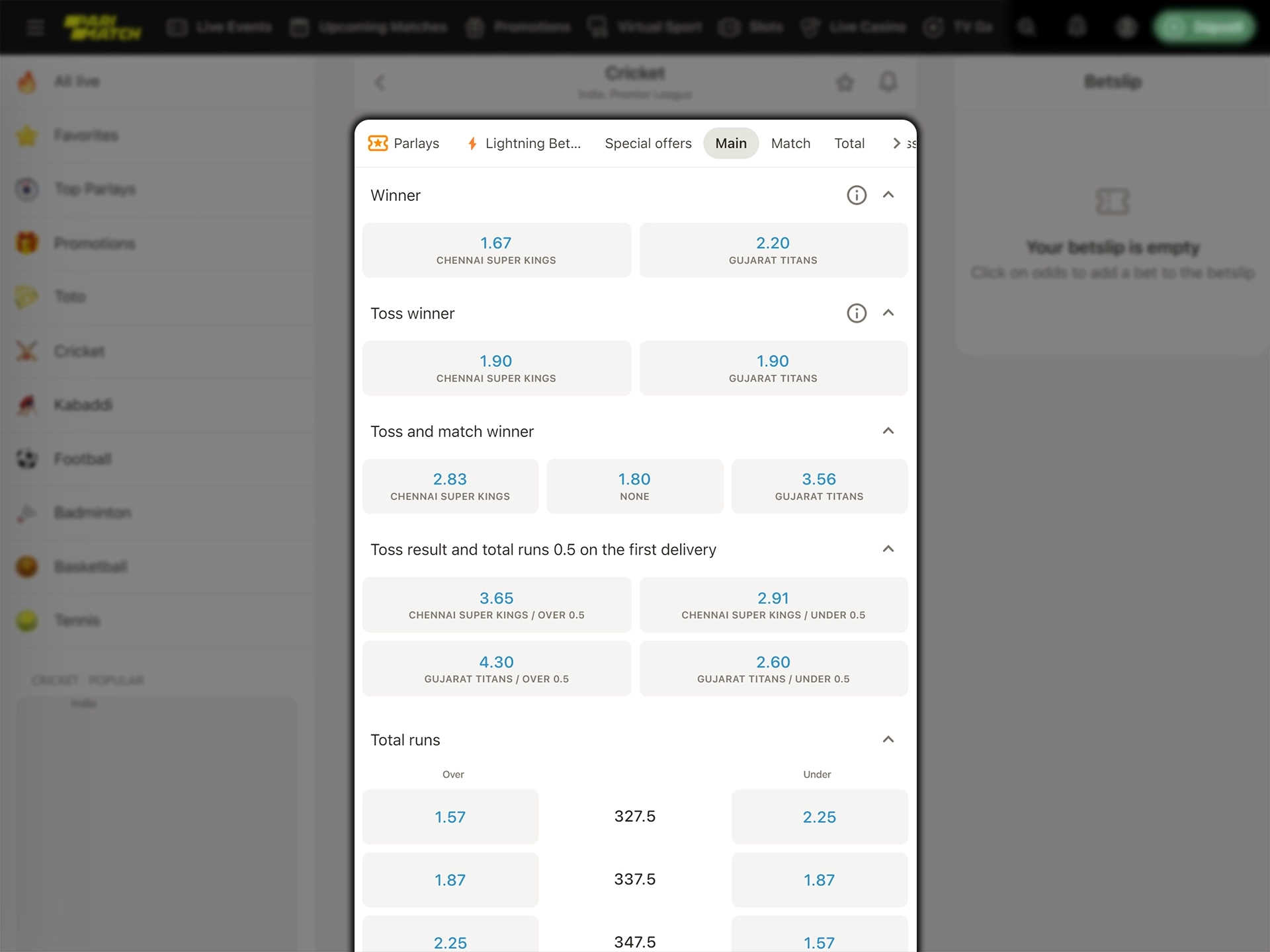 On the IPL match page at Parimatch, select one of the available betting markets.